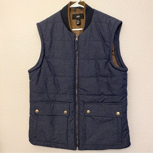 H&M Men’s full zip Puffer Vest blue chambray front pockets size 40R - Picture 1 of 8